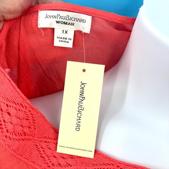 NWT JOHN PAUL RICHARD WOMAN CORAL ORANGE BOHO 3/4 SLEEVE CROCHET TRIM TOP 1X - Picture 5 of 6